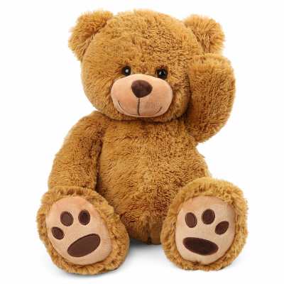 Brown teddy bear plush sitting with one paw raised