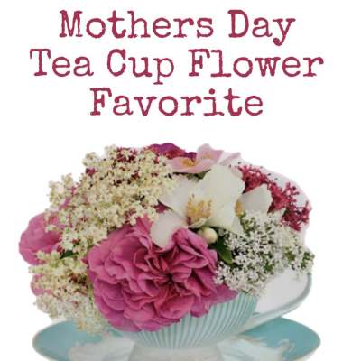 Pink and white flowers arranged in a teacup and saucer