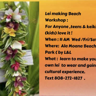 Flower lei with mixed blossoms and greenery beside workshop text