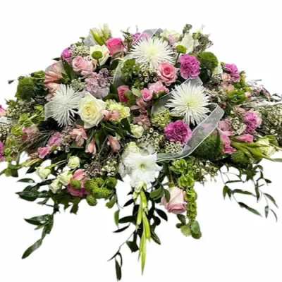 Large pink and white floral spray with cascading greenery