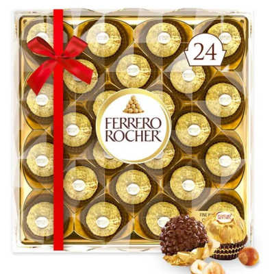 Box of Ferrero Rocher chocolates with a red ribbon