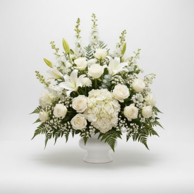 White floral arrangement in a white pedestal vase with roses and lilies