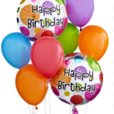 Cluster of colorful birthday balloons with two "Happy Birthday" balloons
