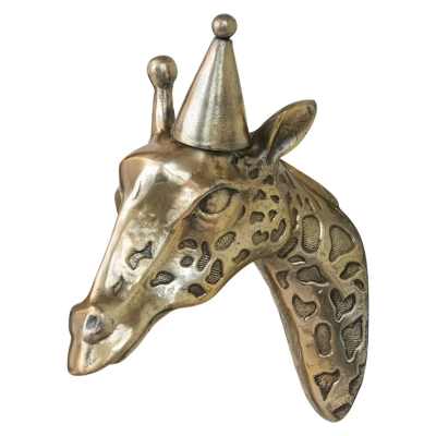 Metal giraffe head sculpture wearing a party hat