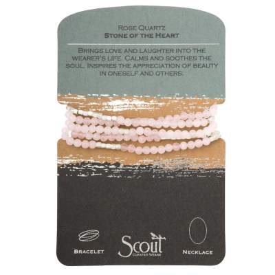 Carded pink rose quartz beaded wrap jewelry strand labeled as bracelet or necklace.