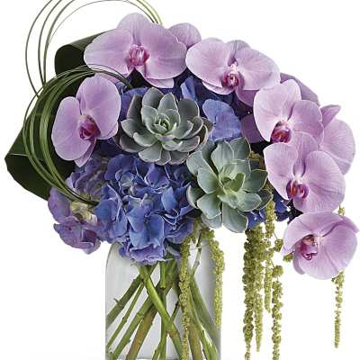 Lavender orchids, blue hydrangeas, and succulents arranged in a clear glass vase