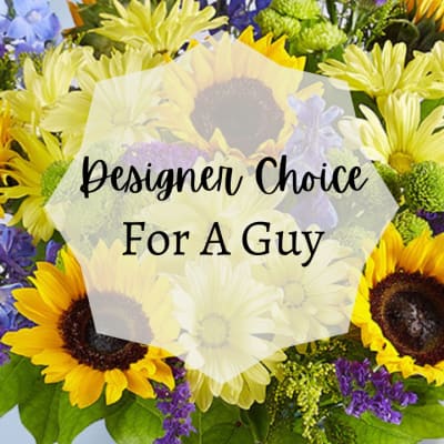 Bright arrangement of yellow sunflowers and daisies with blue and purple flowers behind text.