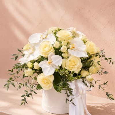 Hera's Eternal Grace - Luxury White Roses & Orchids Box Arrangement