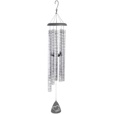 Silver wind chime with inscribed tubes and a heart-and-paw pendant on a white background