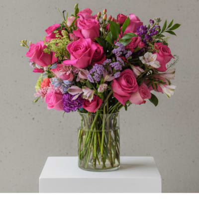 Pink rose bouquet in a clear glass vase