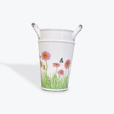 White ceramic vase with pink flower and butterfly print