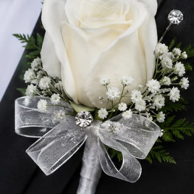 White Rose Boutonniere with Rhinestones