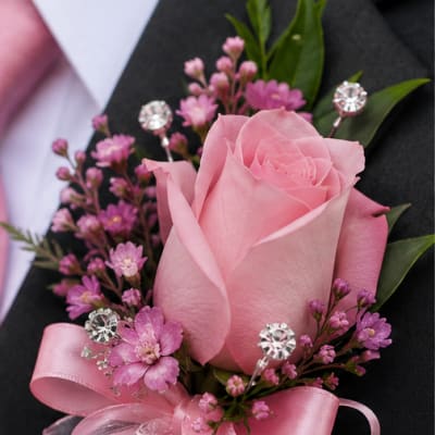 Pink Rose Boutonniere with Rhinestones