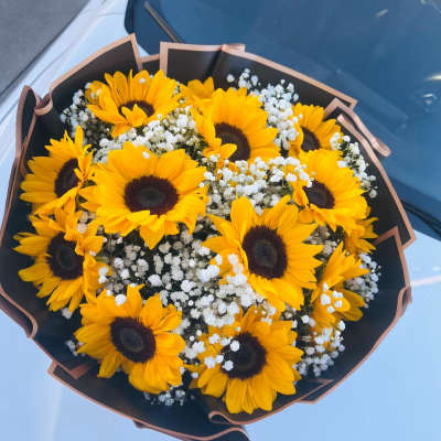 Bouquet of yellow sunflowers with white baby's breath in black wrap