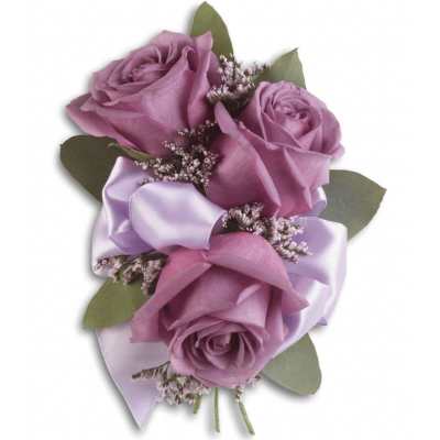 Lavender rose bouquet with satin ribbon and small filler flowers
