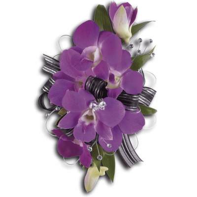 Purple orchid corsage with black-and-silver ribbon and crystal accents