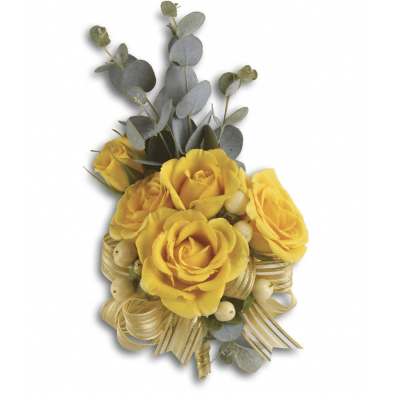 Yellow roses with eucalyptus and gold ribbon accents