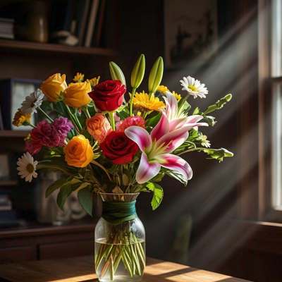 Mixed bouquet of roses, lilies, and daisies in a glass vase