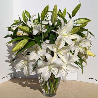 White lilies arranged in a clear glass vase