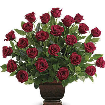 Large arrangement of dark red roses in a brown pedestal vase