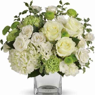 White and green arrangement with roses, carnations, and hydrangeas in a clear glass cube vase