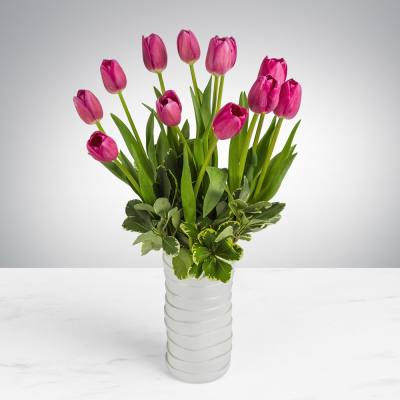 Pink tulips arranged in a white vase