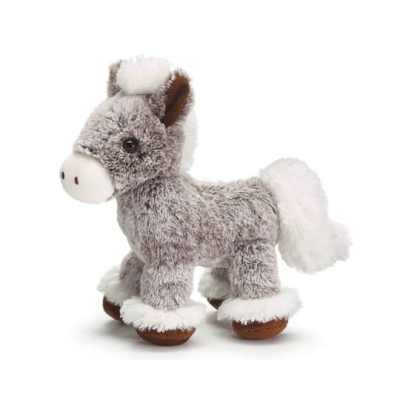 Small gray plush horse with white mane, tail, and hooves on a white background