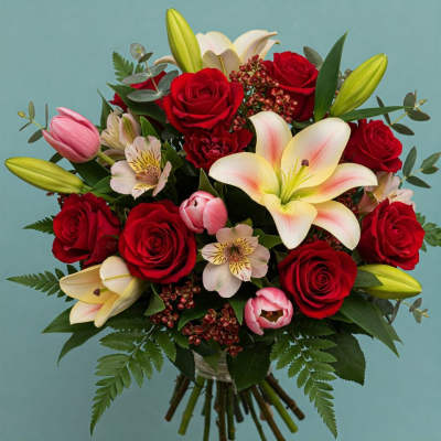 Bouquet of red roses, white lilies, and pink tulips