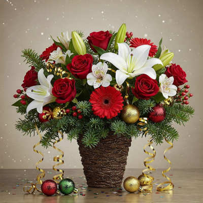 Christmas bouquet of red roses and white lilies in a woven vase