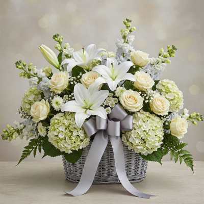 White lilies and cream roses in a wicker basket with a silver ribbon