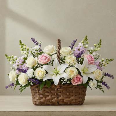 Basket arrangement of white and pink roses with white lilies and purple accents