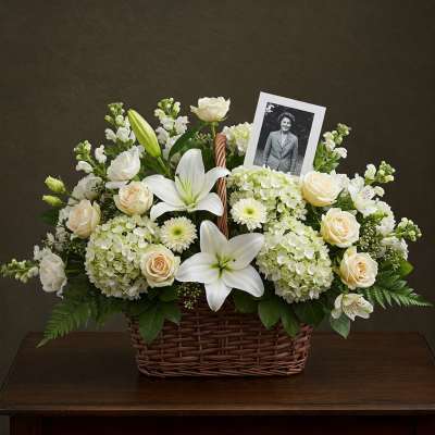 White floral basket arrangement with a black-and-white photo card