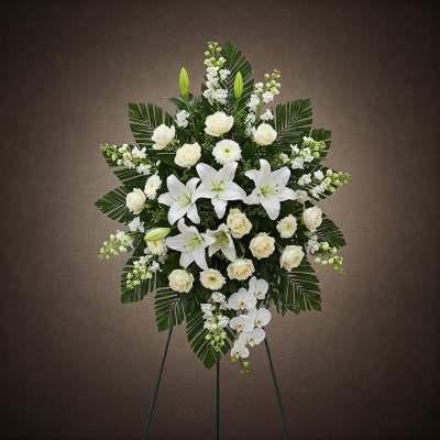 White floral standing spray with lilies and roses on an easel