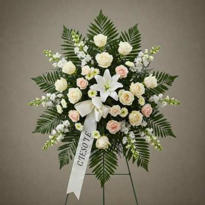 White floral standing spray with roses, lilies, and a ribbon on an easel