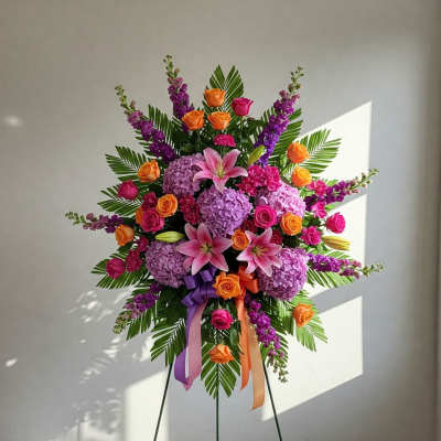 Standing floral spray with pink lilies, roses, and purple blooms on an easel.
