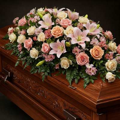 Pink and cream floral spray on a wooden casket