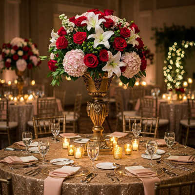 Tall centerpiece of red roses and white lilies in a gold urn