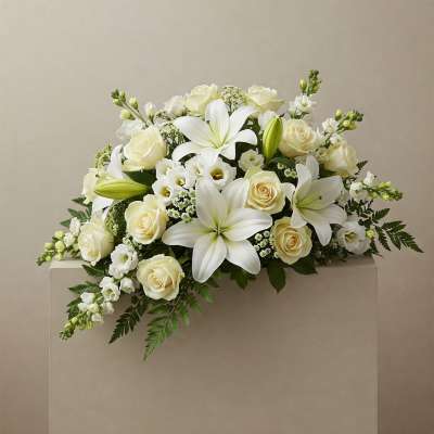 White lilies and cream roses arranged in a low spray
