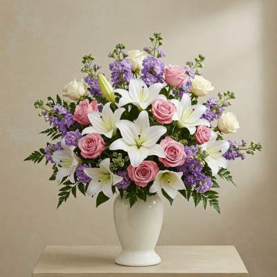 Pink roses and white lilies in a white vase