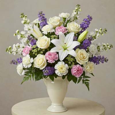 White lilies, roses, carnations, and purple flowers in a white vase