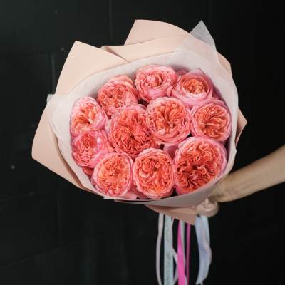 Bouquet of pink roses wrapped in pale pink paper