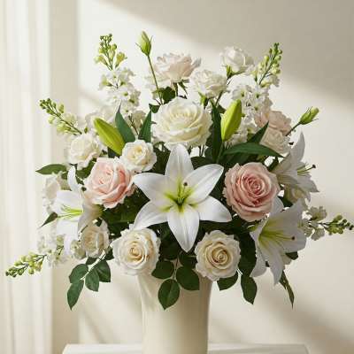 White lilies and pale roses arranged in a cream vase