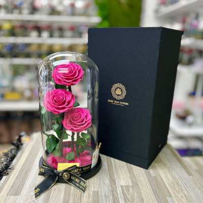 Three bright pink roses under a glass dome with black base beside a tall black gift box.