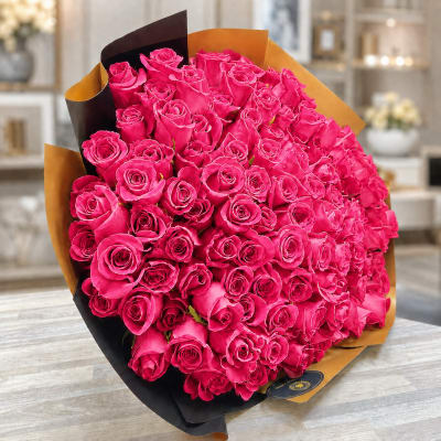 100 Roses Round EuroBouquet - Hot Pink