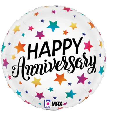 Round white Happy Anniversary balloon with colorful star pattern