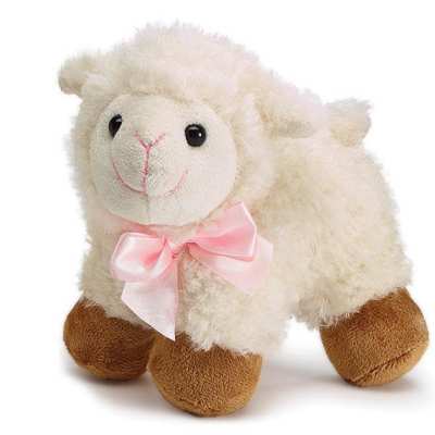 Small plush lamb with a pink satin bow around its neck