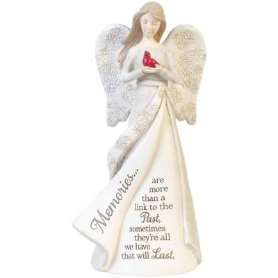 Cream-colored angel figurine holding a red cardinal with a memorial quote on her gown.