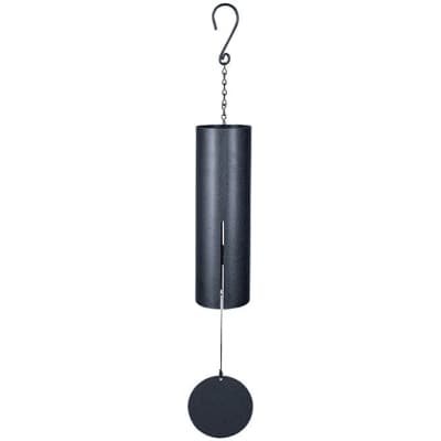 Black tubular metal wind chime with round sail hanging from a chain and hook.