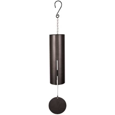 Tall cylindrical metal wind chime with chain hanger and round wind catcher