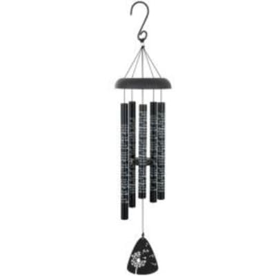 Black metal wind chime with white script text and a small floral motif